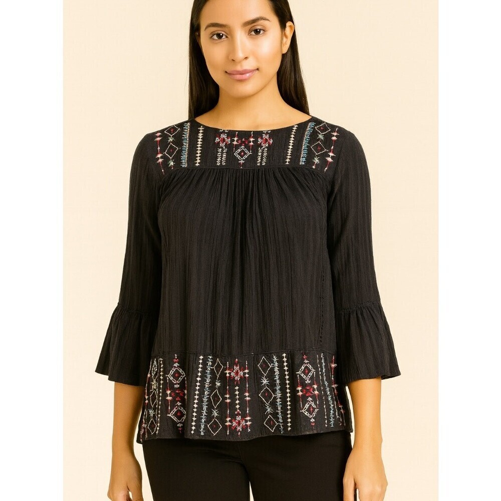 Knox Rose black BoHo flowy boxy blouse SZ SM Embroidered whimsical flowy SZ SM